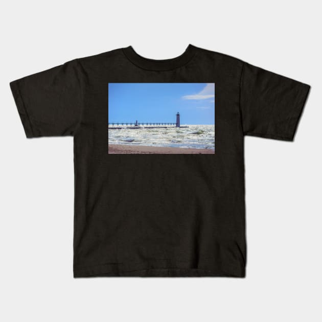 Manistee North Pierhead from Beach Kids T-Shirt by Enzwell